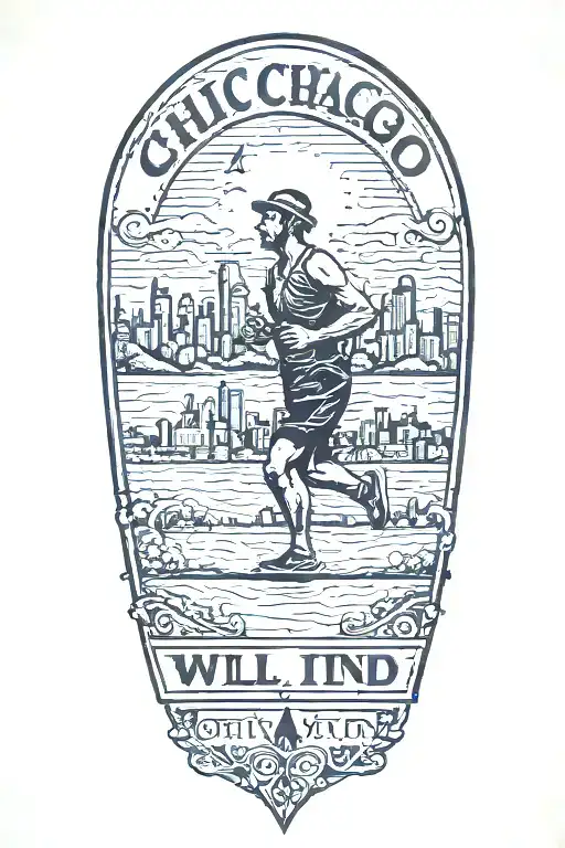 Runner sillouette with Chicago Skyline in background with Latin phrase "either I will find a way or I will do it" tattoo design idea
