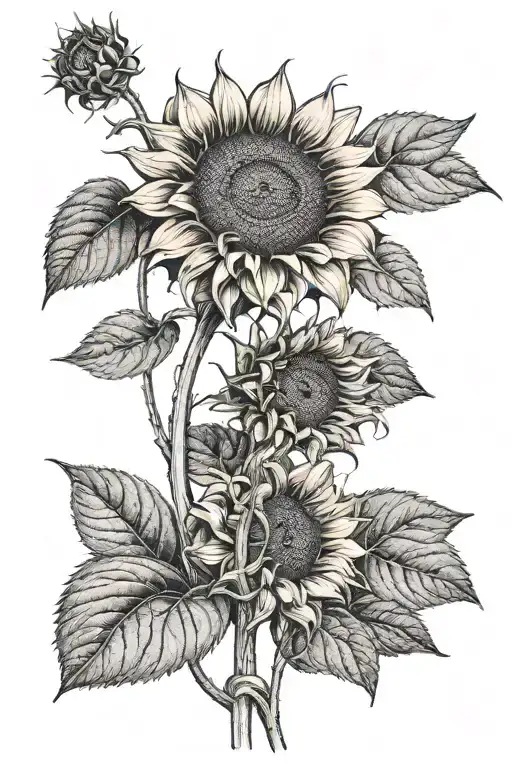 realistic single sunflower with stem curving around spelling tattoo design idea