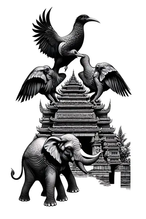 two birds with laos temple with elephants tattoo design idea