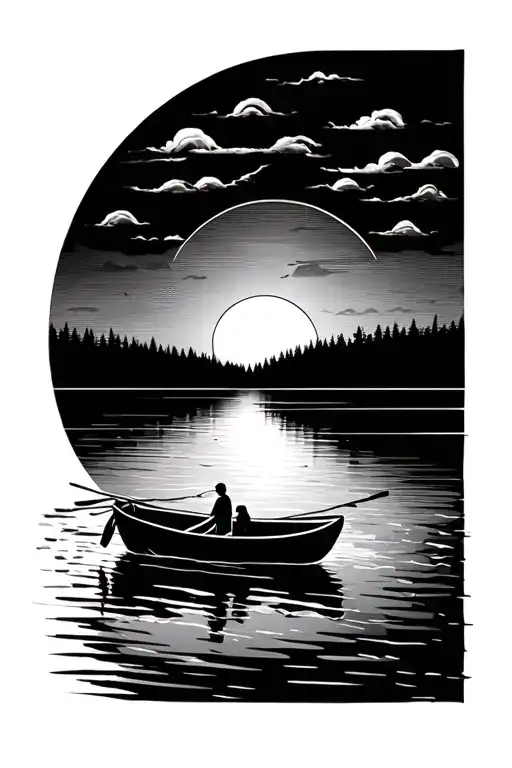 stream flowing with small row boat going towards sunset and positive words in water tattoo design idea