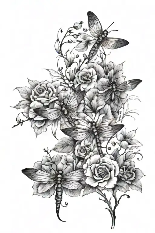 flowers vines small dragonflies flying with a lot of negative space tattoo design idea