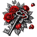 a old fashioned key in the center (not too big) surrounded by money printed roses and 3 red ladybugs  tattoo design idea