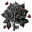 a old fashioned key in the center (not too big) surrounded by money printed roses and 3 red ladybugs  tattoo design idea