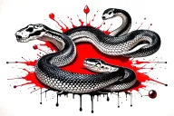 The skeleton of a snake and a live snake look at each other, a drop of blood between them tattoo design idea