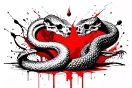The skeleton of a snake and a live snake look at each other, a drop of blood between them tattoo design idea