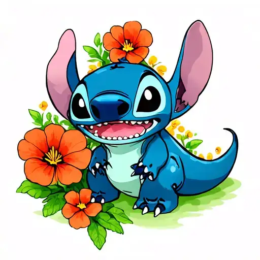 Stitch with dinosaur and nasturtium flowers tattoo design idea