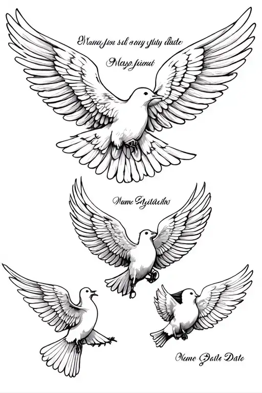 name and date written 3 times, wings, doves flying tattoo design idea