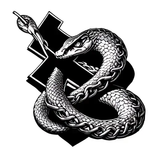 An old-school tattoo of a snake in the shape of a cross with chains wrapped around it tattoo design idea