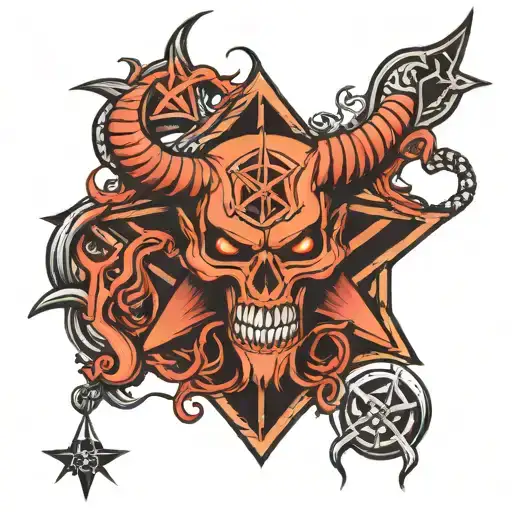 demon with pentagram and 666 and upside down cross  tattoo design idea