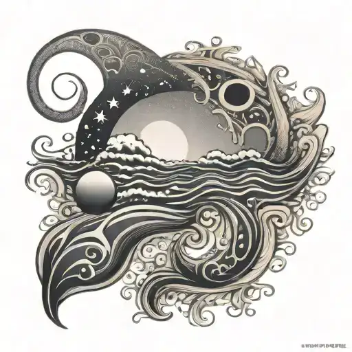 A intricate design of a dog paw print merging into sea waves with a crescent moon above tattoo design idea