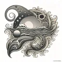 A intricate design of a dog paw print merging into sea waves with a crescent moon above tattoo design idea