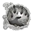 A intricate design of a dog paw print merging into sea waves with a crescent moon above tattoo design idea
