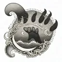 A intricate design of a dog paw print merging into sea waves with a crescent moon above tattoo design idea