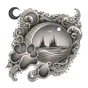 A intricate design of a dog paw print merging into sea waves with a crescent moon above tattoo design idea