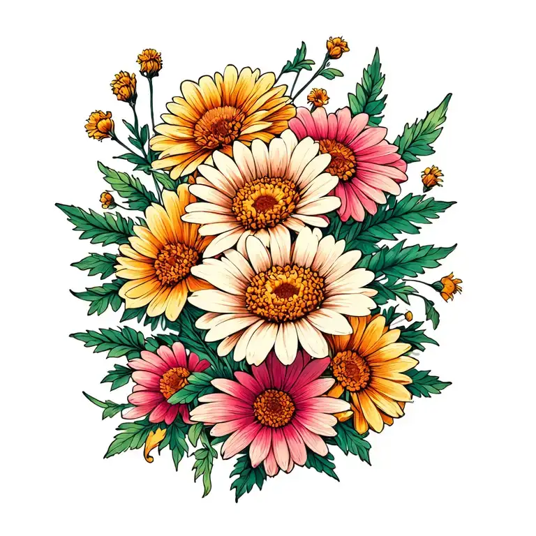 chrysanthemum carnation daisy marigold flowers intertwined tattoo design idea