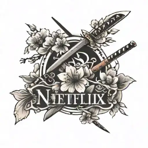 A Netflix logo intertwined with anime elements like cherry blossoms and samurai swords tattoo design idea
