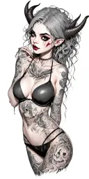 Sexy Pale Girl, petite, big boobs, wide hips, G-String. Messy hair, demonic horns, sexual. Seductive smile. Full Body tattoo design idea