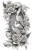 women's half sleeve fine line floral with Japanese influence including cranes, lanterns and blossoms tattoo design idea