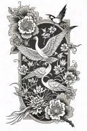 women's half sleeve fine line floral with Japanese influence including cranes, lanterns and blossoms tattoo design idea