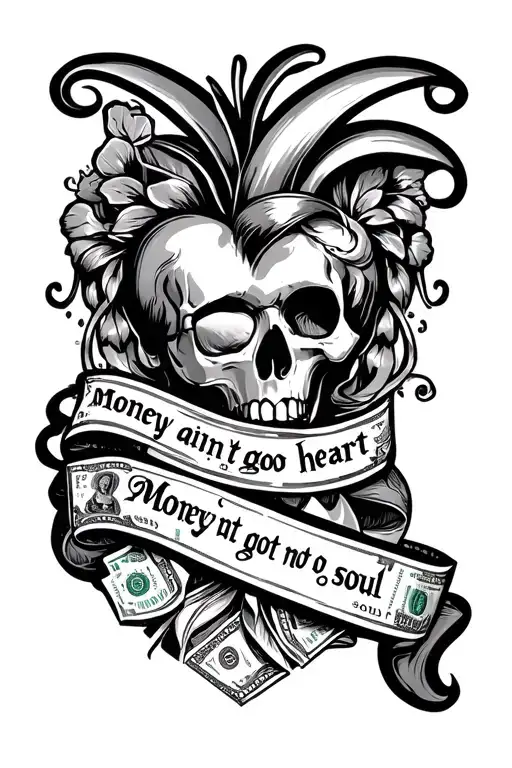 'money aint got no heart, money aint got no soul' tattoo in the style of mardi gras tattoo design idea