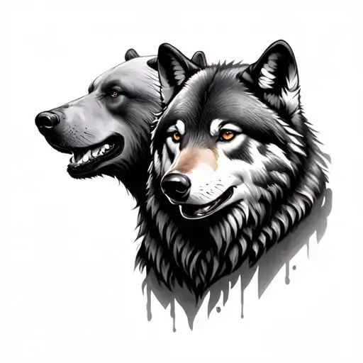 Realistic black and grey tattoo design, white background with shading, two large animal heads (bear on the left, wolf on tattoo design idea