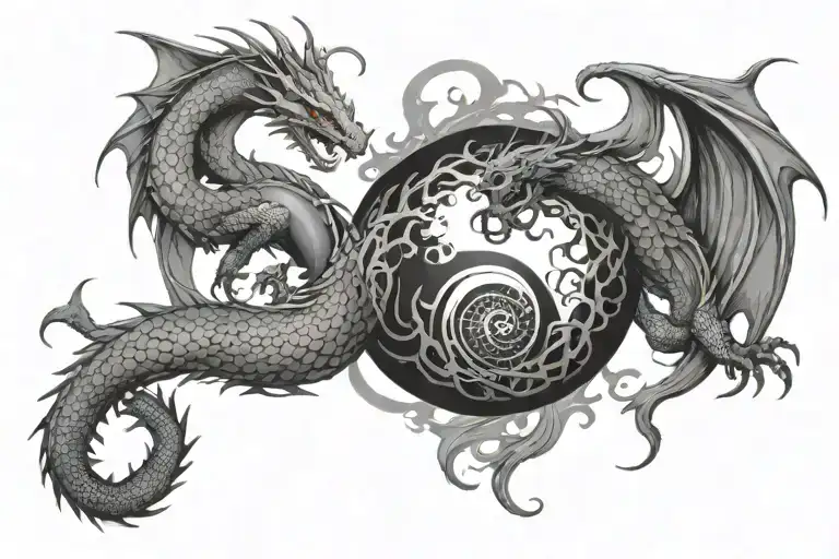 evil and kind dragons yin and yang wathing each other, and sphere in the middle between them tattoo design idea