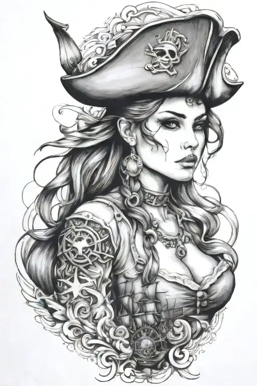 pirates and ships and beautiful woman tattoo design idea