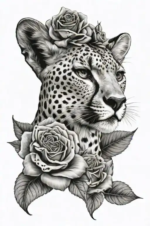 cheetah with woman face with a rose wrapped tattoo design idea