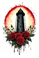 rickety old dark tower standing in a fiels of blood res roses tattoo design idea