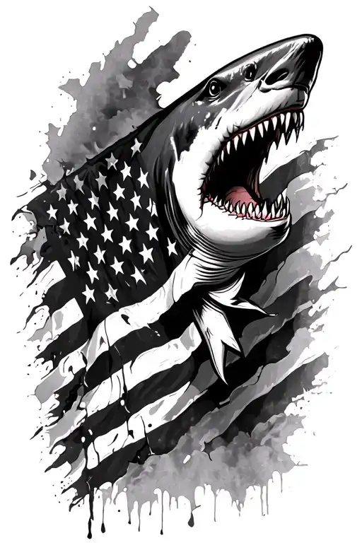 Black and white tattered American flag with a shark outline over top it tattoo design idea