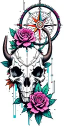 American Southwest, Sunset, Cactus, Desert Roses, Compass, Dreamcatcher, Metallic Snake, Longhorn skull, Prickly Pear tattoo design idea