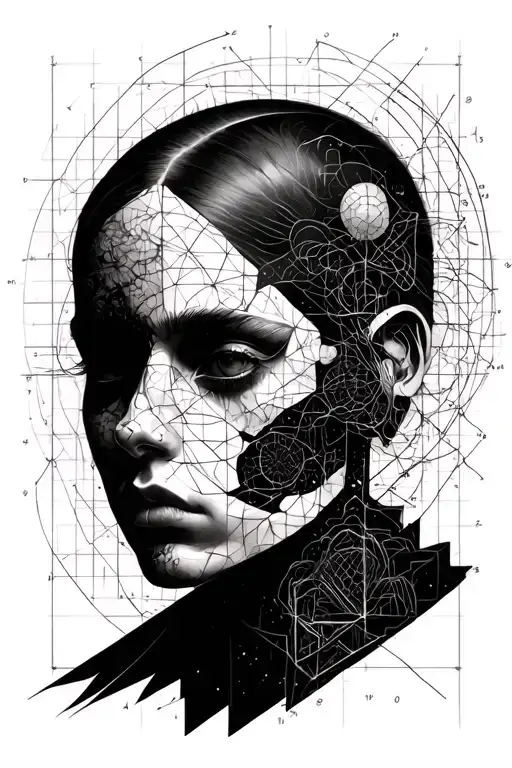 quantum physics, mathematical elements but not formulas, hidden barely visible face within the artwork  tattoo design idea