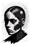 quantum physics, mathematical elements but not formulas, hidden barely visible face within the artwork  tattoo design idea