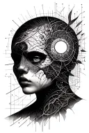 quantum physics, mathematical elements but not formulas, hidden barely visible face within the artwork  tattoo design idea