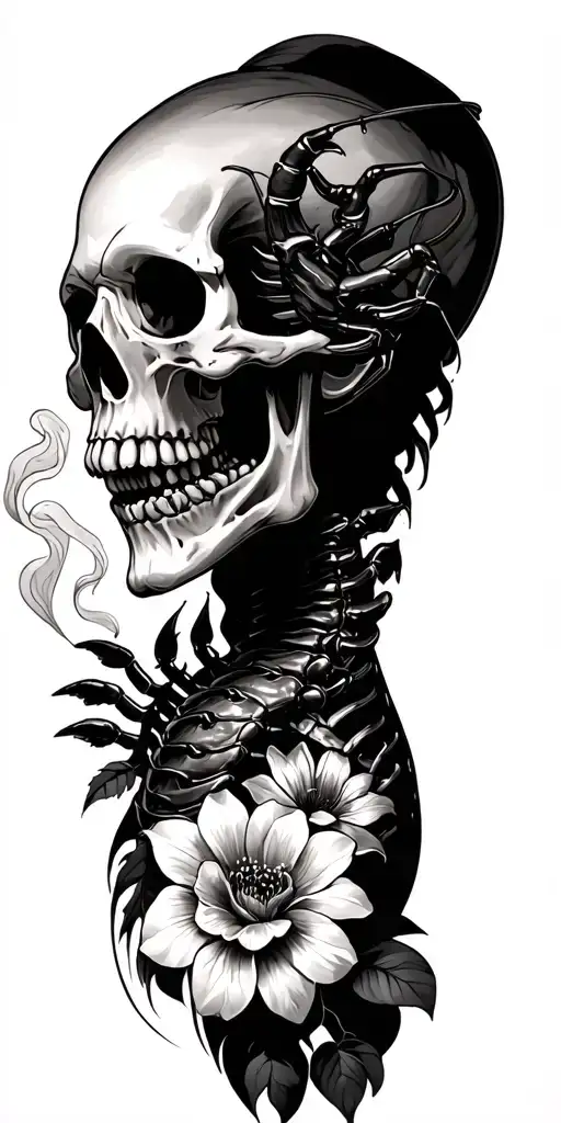 skeleton smoking, scorpions and flowers tattoo design idea