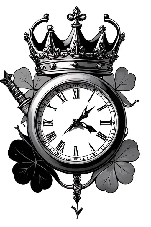  4 leaf clover- chess king crown and clock with knife stabbing tattoo design idea