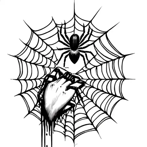 heart spider web with a spider going down on a finger with the vemon on top the the web tattoo design idea