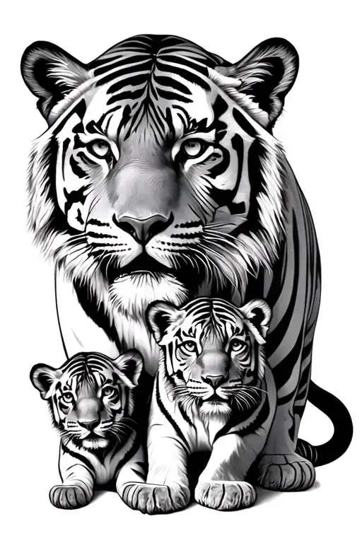 male tiger and 3 tiger cubs tattoo design idea