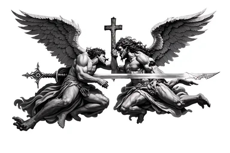 and angel fighting a demon with a sword. include a cross and other biblical themes tattoo design idea