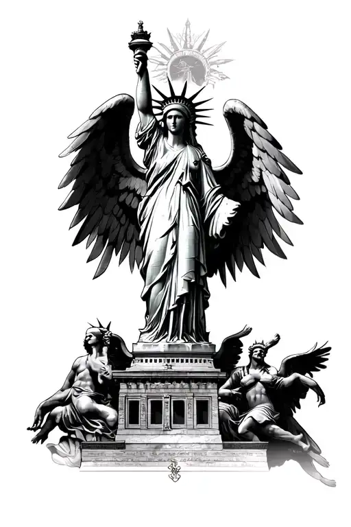 lady liberty on top  and then saint michel angel with wings stepping in demon tattoo design idea