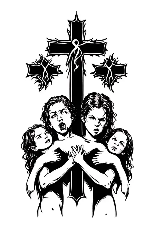 sexual assault symbol, 3 brothers 2 sisters, angry, fear, yelling, 2 daughters, marriage, domestic abuse symbol, crosses tattoo design idea