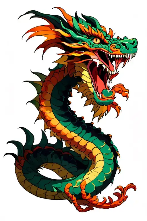 top down serpentine dragon flying in the style of haku from spirited away tattoo design idea