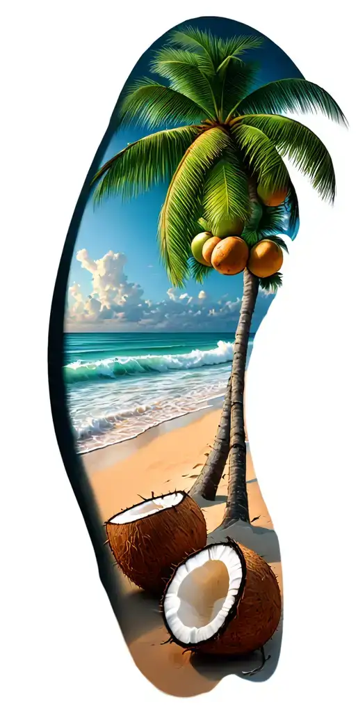 a beach with sand and waves rippled on the shore a coconut tree hanging in the background. with coconuts on the tree  tattoo design idea
