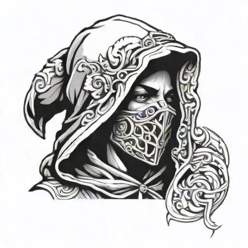 face in mask and hood tattoo design idea