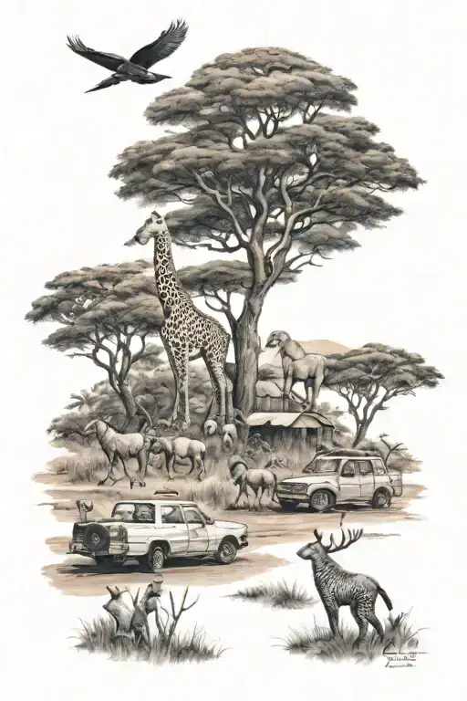 safari scene with animals tattoo design idea