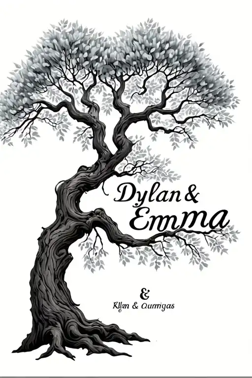 "Dylan & Emma" willow tree growing with names in branches forming tattoo design idea