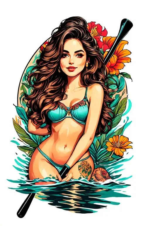 Paddleboard with pin up and shell tattoo design idea