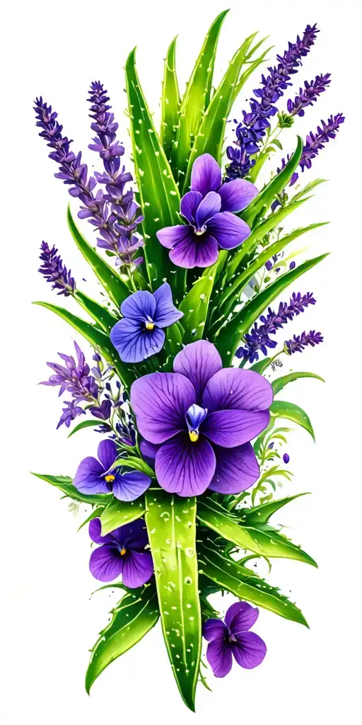 purple and green realistic aloe Vera plant with African violets, lavender, and indigo flowers that wraps around arm    tattoo design idea