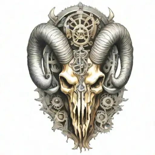 rocky mountain ram skull,  horns become exaust pipes, tattered ribbon, gears, airbrushed, chrome, only ribbon colored tattoo design idea
