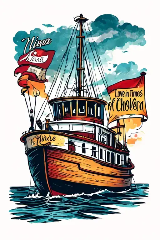 Traditional Ferry tattoo referencing the book "Love in times of cholera" with a "Nina" wording tattoo on the side of the tattoo design idea